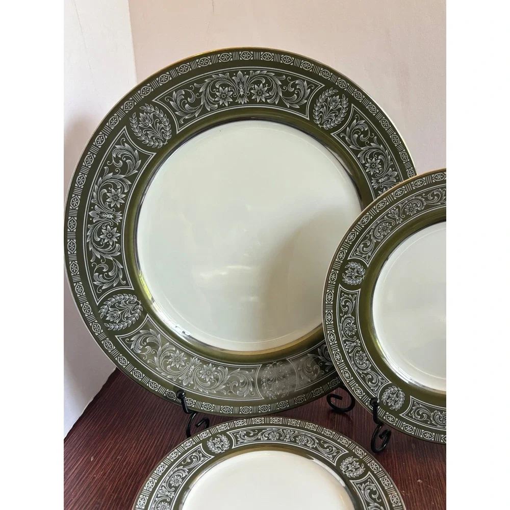 Sango Forest Damask 3544 Fine China Plate Set Olive Green Gold Trim Japan 6pc